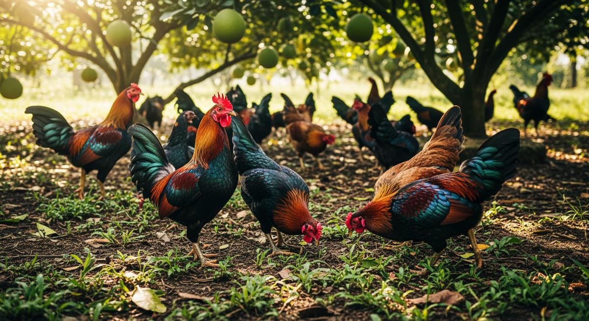 Đàn gà Ri thuần chủng khỏe mạnh đang kiếm ăn trong vườn cây ăn quả vào buổi sáng sớm.