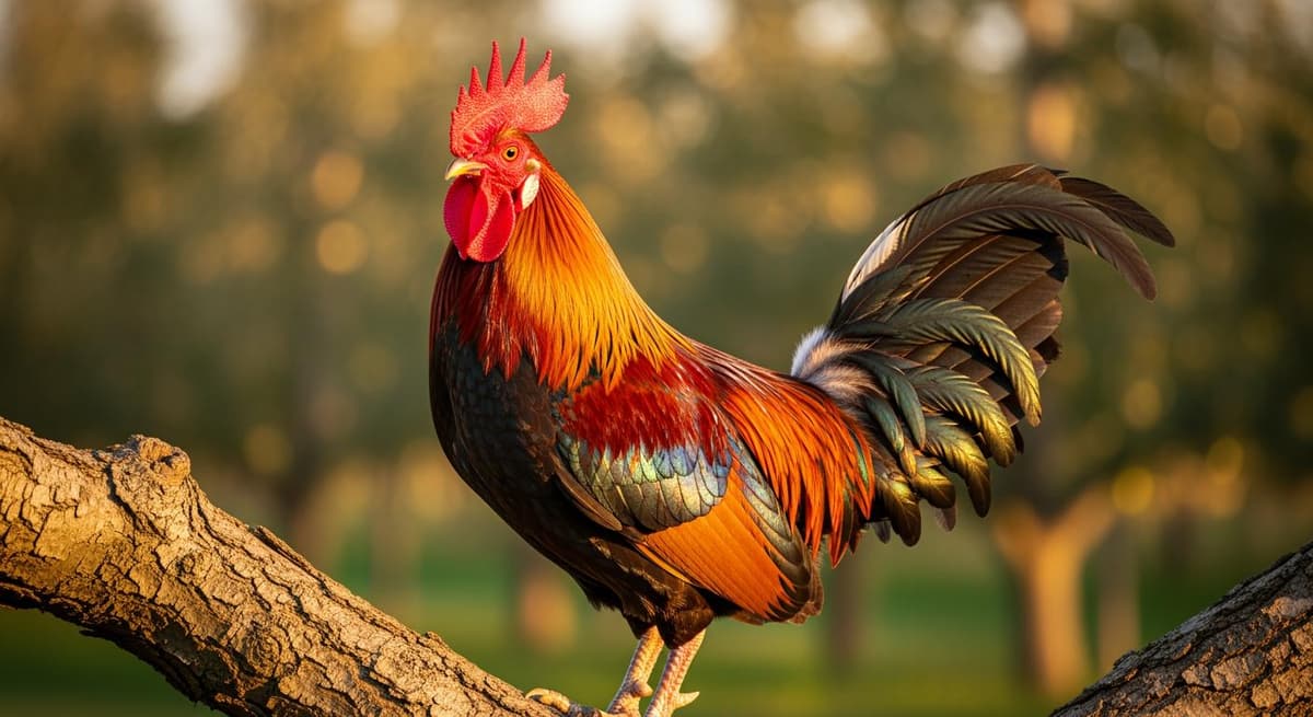 Một chú gà trống Ri với bản năng hoang dã đang đậu trên cành cây cao thể hiện tập tính hiếu động.