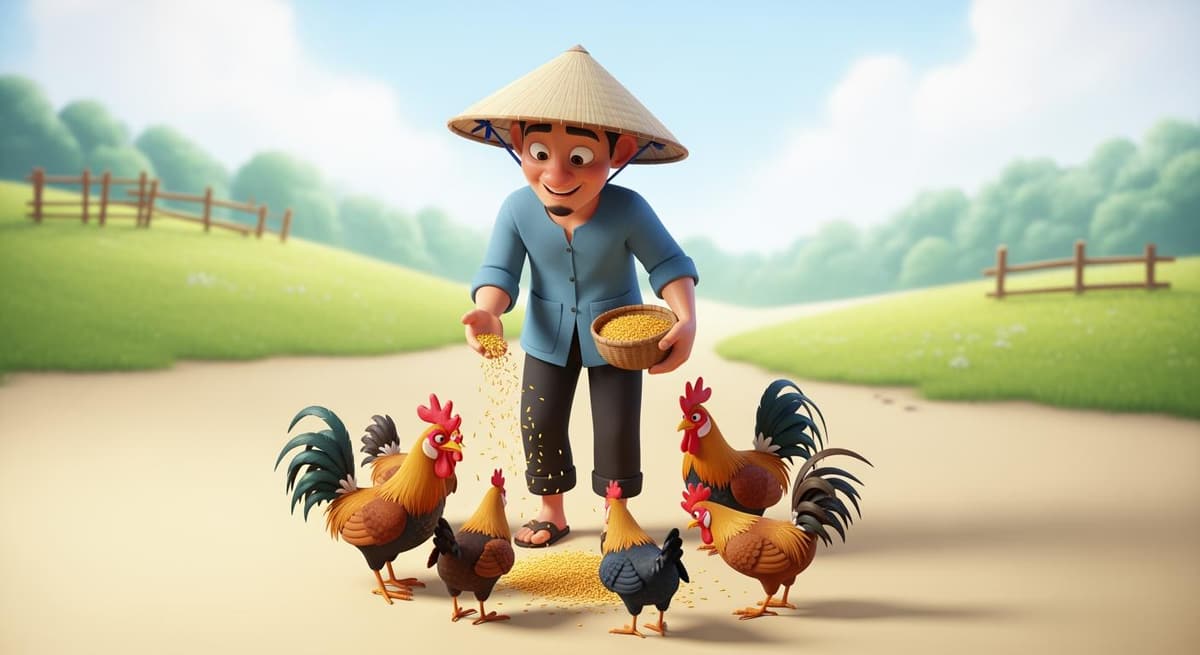 Minh họa 3D người nông dân đang thuần hóa đàn gà Ri bằng cách cho ăn hạt ngũ cốc.