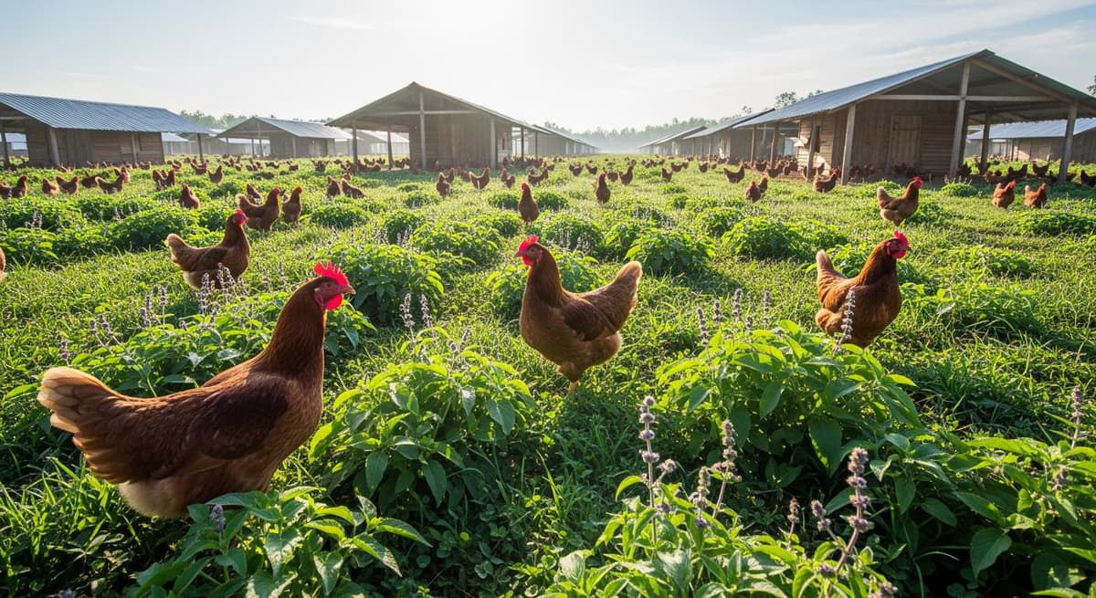 Mô hình nuôi gà Ri thả vườn theo tiêu chuẩn VietGAP với không gian xanh sạch và thức ăn hữu cơ.
