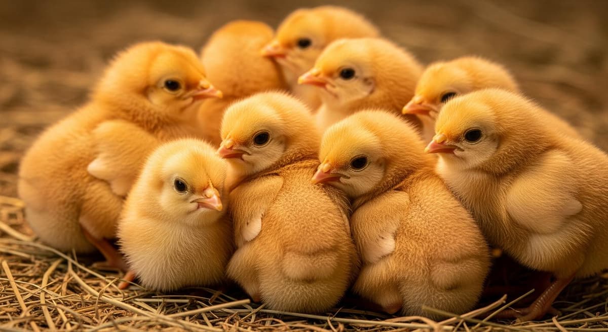 Cận cảnh những chú gà Ri con 1 ngày tuổi khỏe mạnh, lông bông mịn màng trên nền rơm khô.