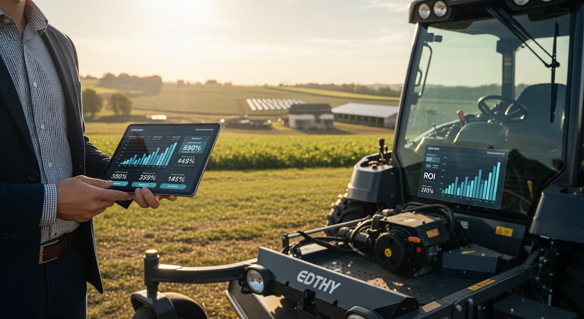 Chủ trang trại đang kiểm tra thông số vận hành và tính toán hiệu quả trên máy tính bảng cạnh máy cắt cỏ