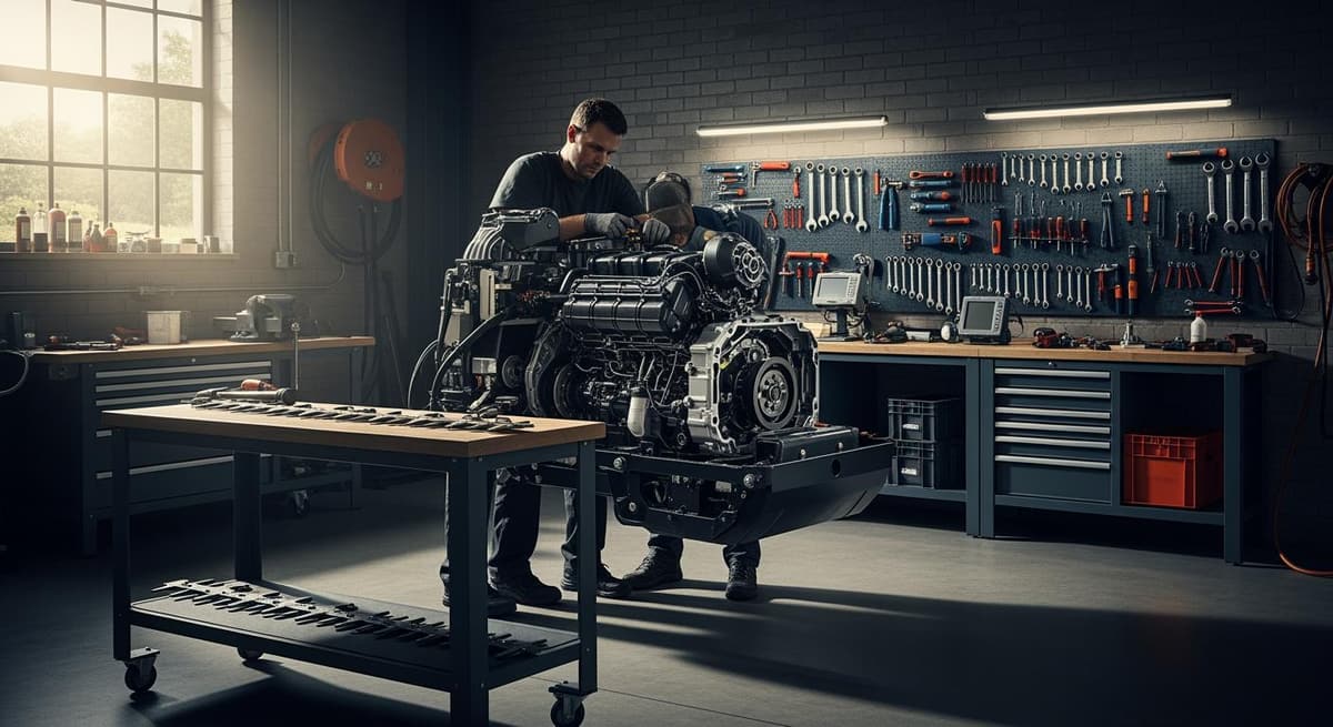 Quy trình bảo trì định kỳ máy cắt cỏ công nghiệp tại xưởng kỹ thuật của trang trại