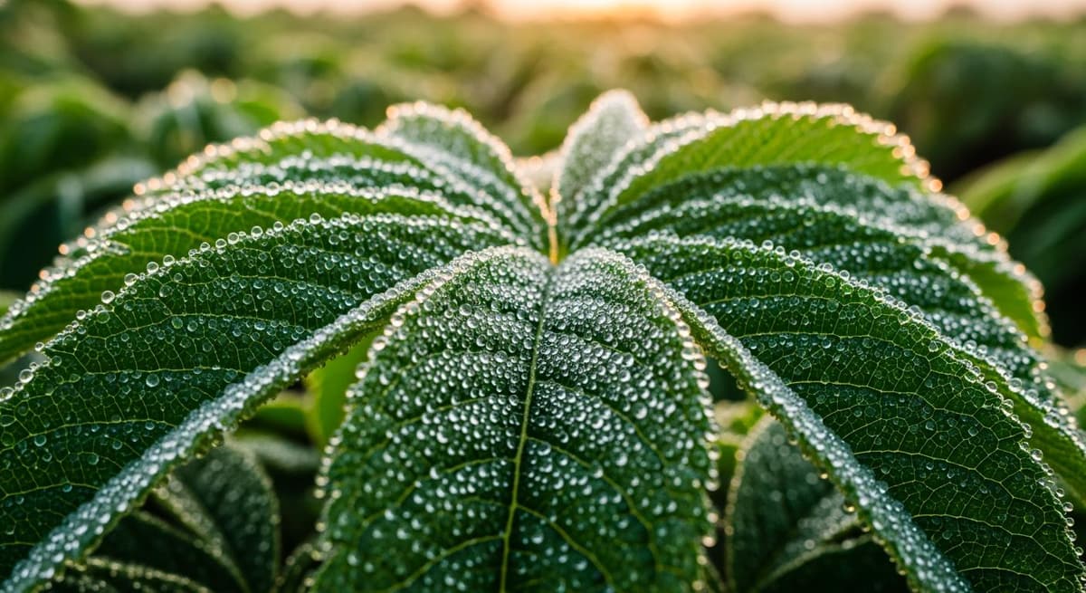 Cận cảnh hạt sương phân bón lá bám trên bề mặt lá xanh mướt
