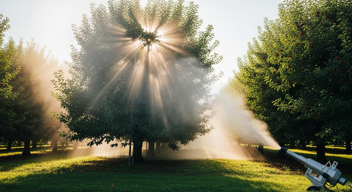 Máy phun sương tạo luồng hạt mịn bao phủ tán cây ăn trái cao