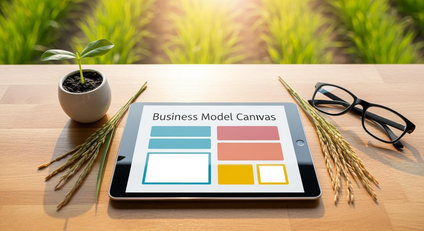 Bản đồ mô hình kinh doanh Business Model Canvas và các biểu tượng nông nghiệp trên nền trang trại xanh