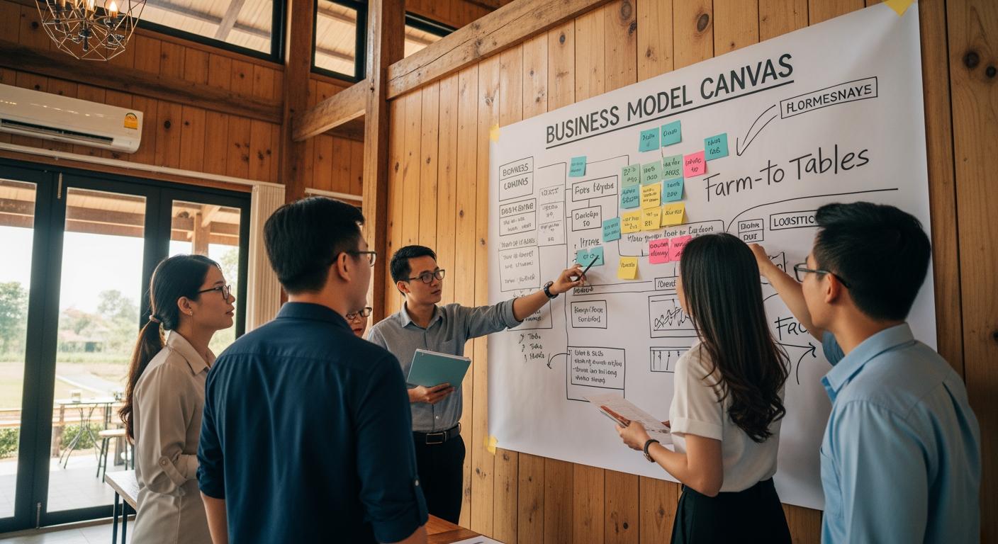 Thanh niên khởi nghiệp nông nghiệp đang lập kế hoạch kinh doanh trên bản đồ BMC