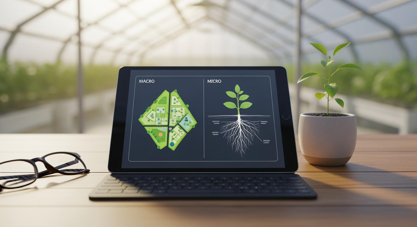 Không gian làm việc hiện đại với máy tính bảng hiển thị mô hình quản trị trang trại bên cạnh mầm cây xanh