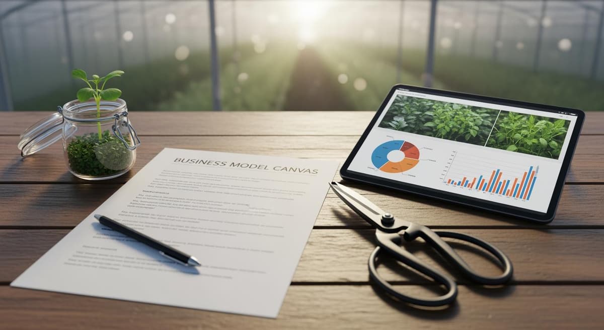 Bản phác thảo Business Model Canvas trên bàn gỗ giữa trang trại công nghệ cao