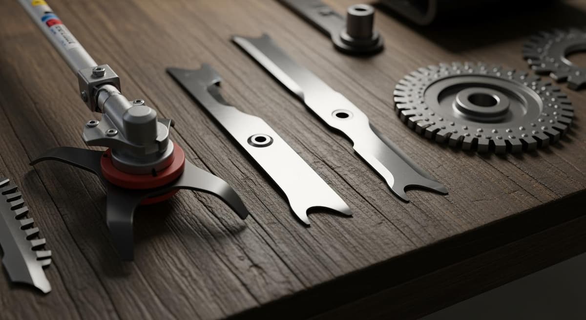 Bộ sưu tập các loại lưỡi cắt cỏ từ lưỡi cước đến lưỡi thép chuyên nghiệp trên nền gỗ