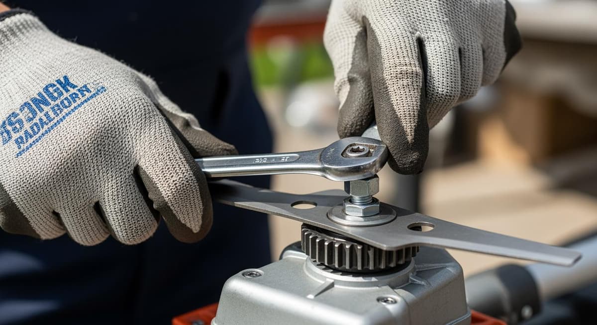 Quy trình lắp lưỡi cắt cỏ an toàn với găng tay bảo hộ chuyên dụng