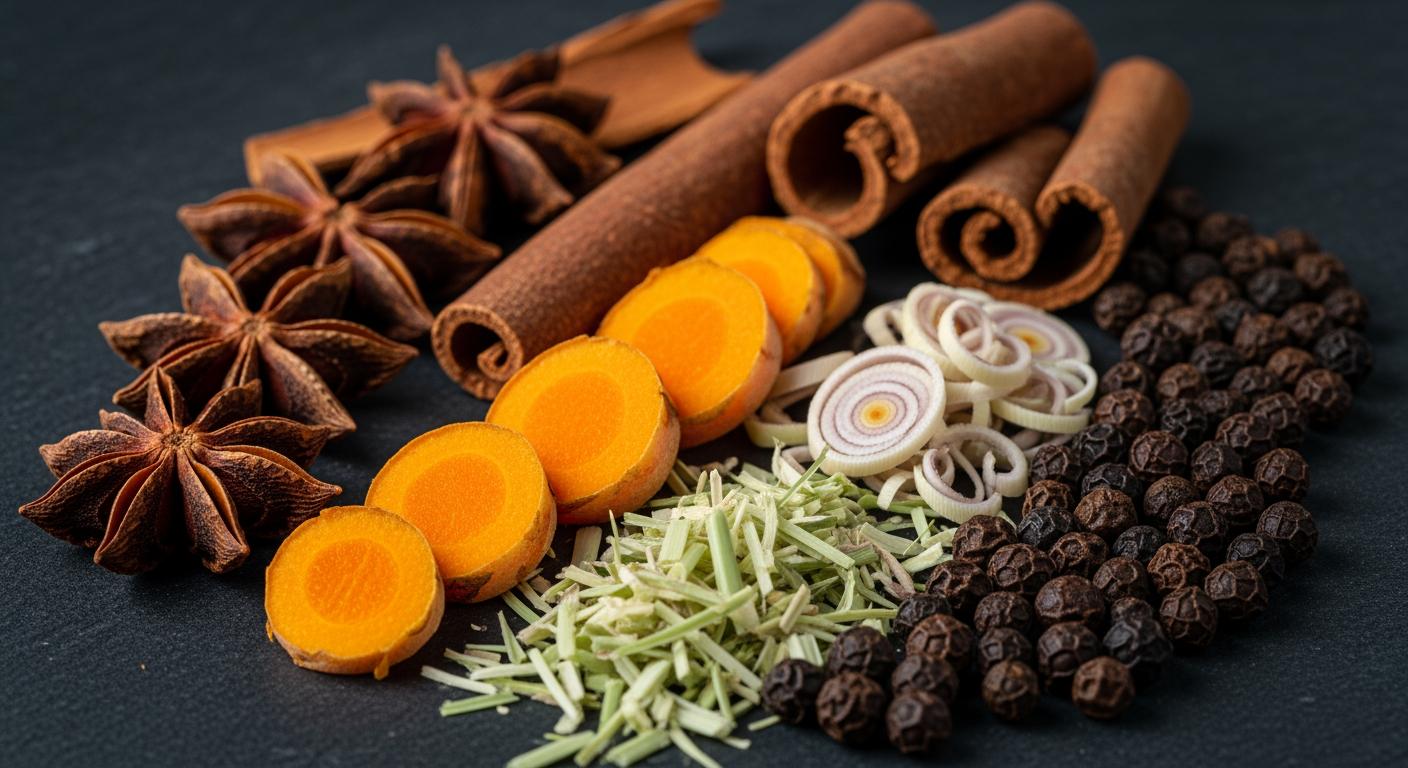 Cận cảnh các loại thảo mộc tự nhiên như hoa hồi, thảo quả, nghệ tươi và sả dùng để ướp gà.