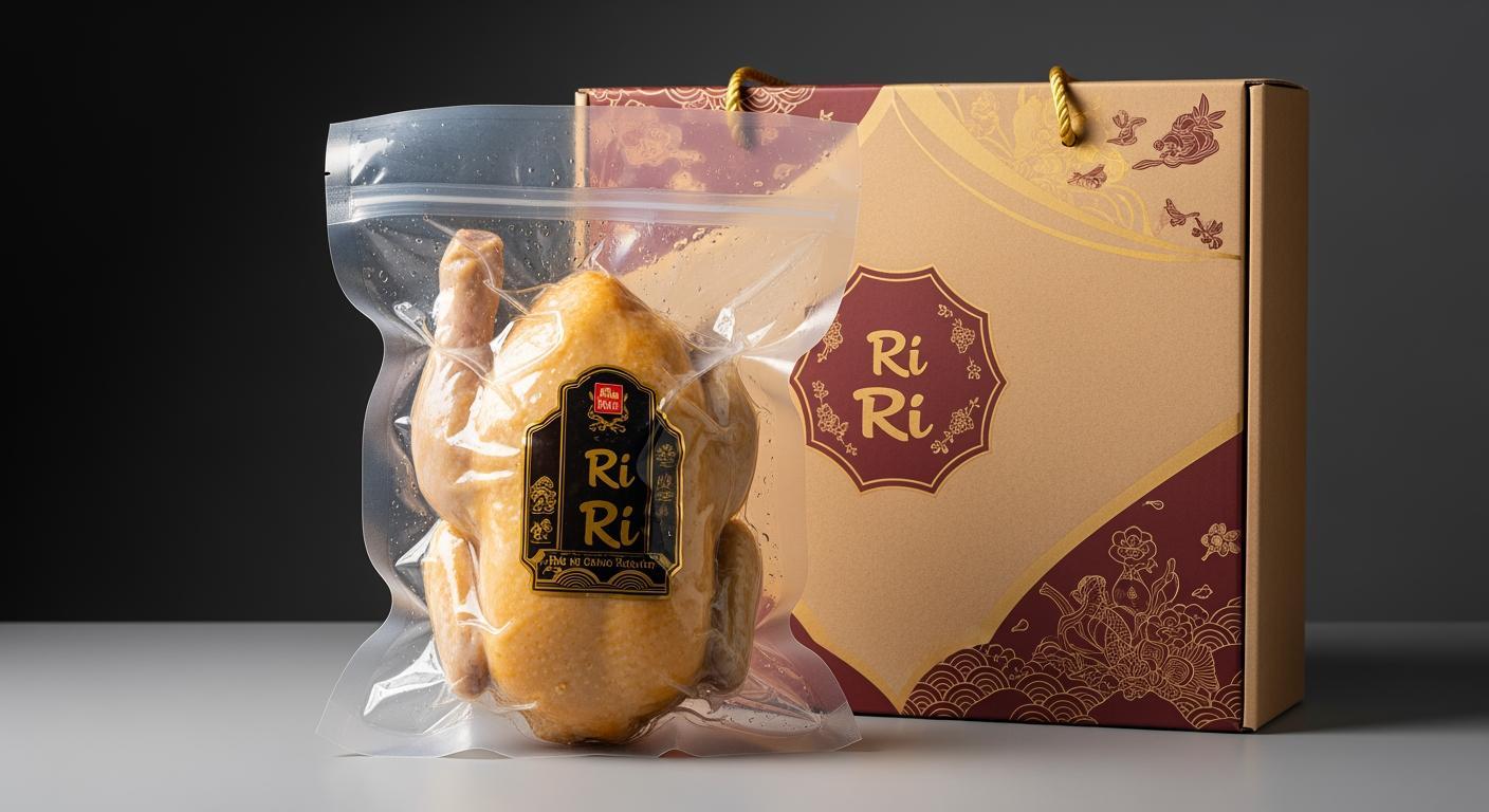 Gà Ri ủ muối được đóng gói hút chân không chuyên nghiệp, sẵn sàng làm quà biếu cao cấp.