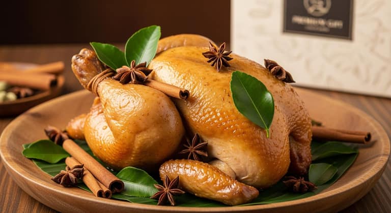 Món gà Ri ủ muối thảo mộc màu vàng óng đẹp mắt được trình bày chuyên nghiệp trên khay gỗ