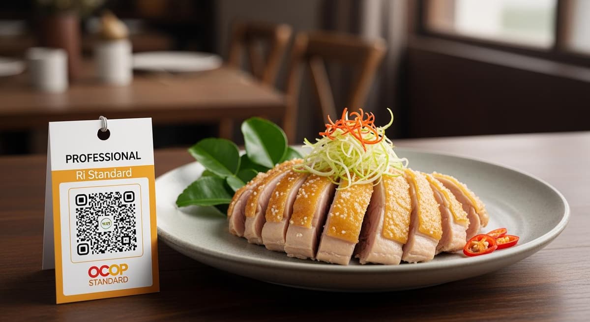 Sản phẩm gà Ri ủ muối đạt chuẩn OCOP với tem truy xuất nguồn gốc và bao bì sang trọng.
