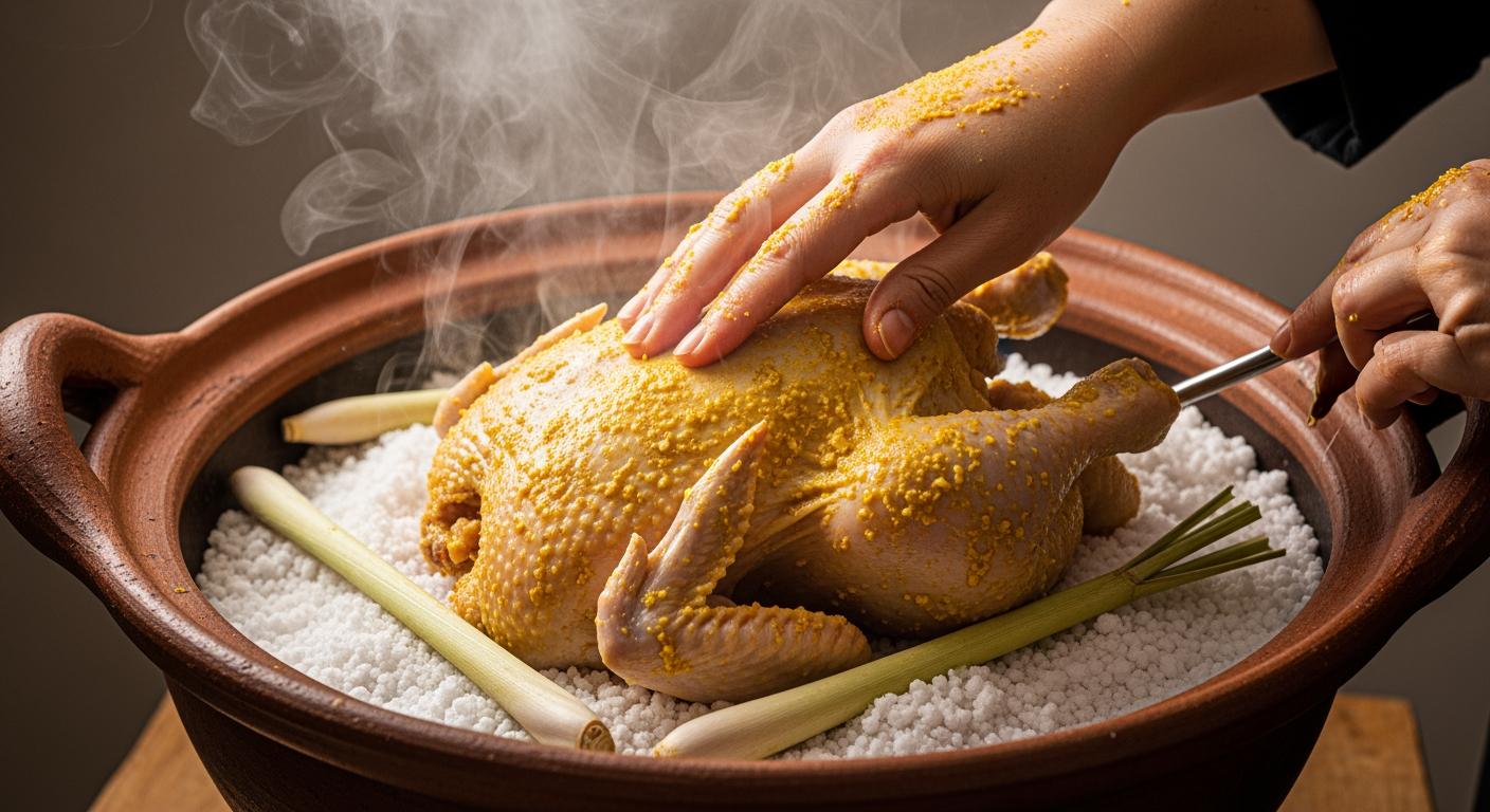 Quy trình ủ muối khô truyền thống, gà Ri được đặt trên lớp muối hạt và sả thơm trong nồi đất.