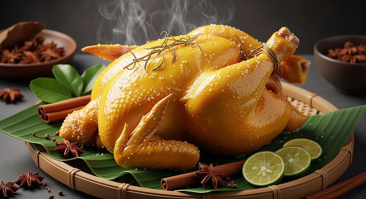 Toàn cảnh món gà Ri ủ muối thảo mộc thành phẩm với màu vàng óng ả, bày trí trên mẹt tre truyền thống.