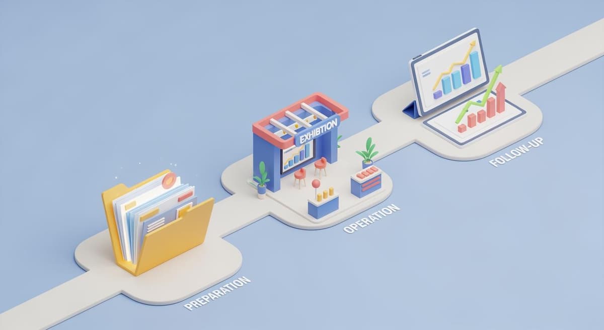 Sơ đồ 3 giai đoạn tham gia hội chợ nông sản: Chuẩn bị, Vận hành và Theo dõi sau sự kiện.