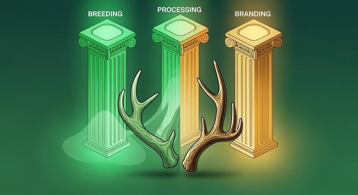 Minh họa 3 trụ cột chiến lược nâng tầm giá trị nhung hươu OCOP: Chăn nuôi chuẩn hóa, chế biến sâu và thương hiệu địa phương.