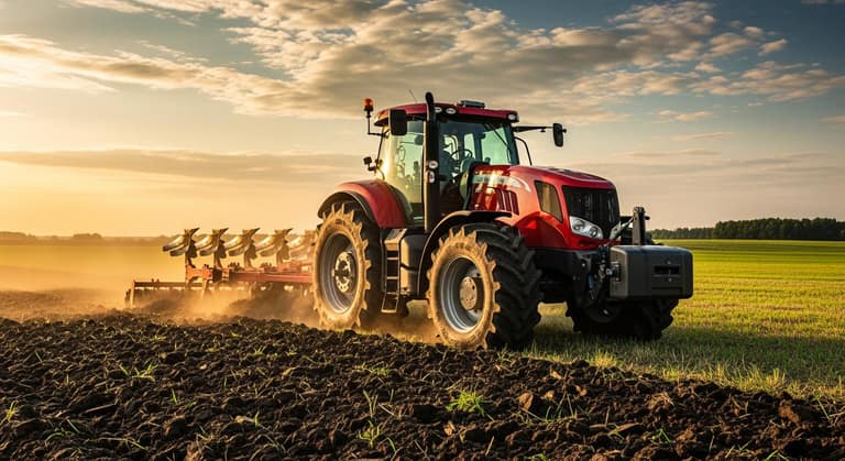 Máy cày công suất lớn đang vận hành hiện đại trên cánh đồng mẫu lớn