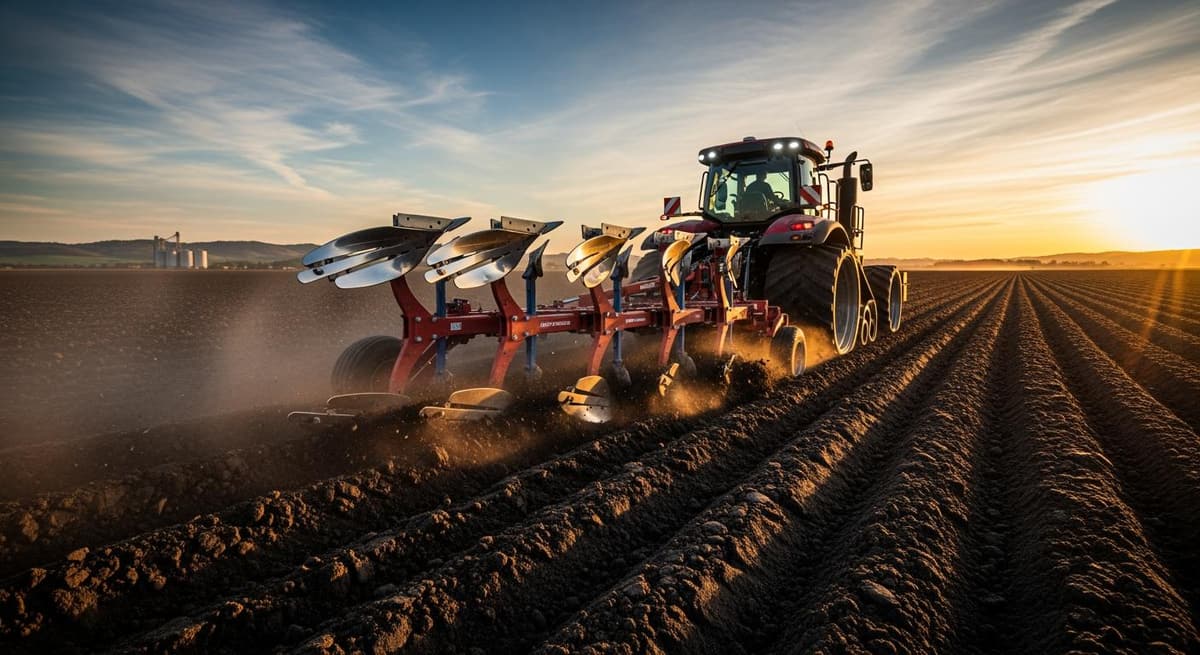 Máy cày công suất lớn hoạt động trên cánh đồng rộng lớn lúc bình minh, biểu tượng của hiệu suất nông nghiệp hiện đại.