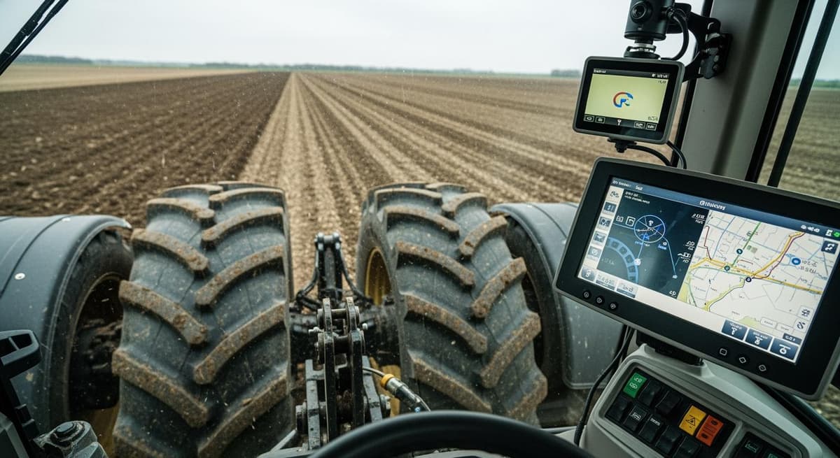 Cận cảnh hệ thống máy kéo đa năng tích hợp công nghệ thông minh trên cánh đồng mẫu lớn.