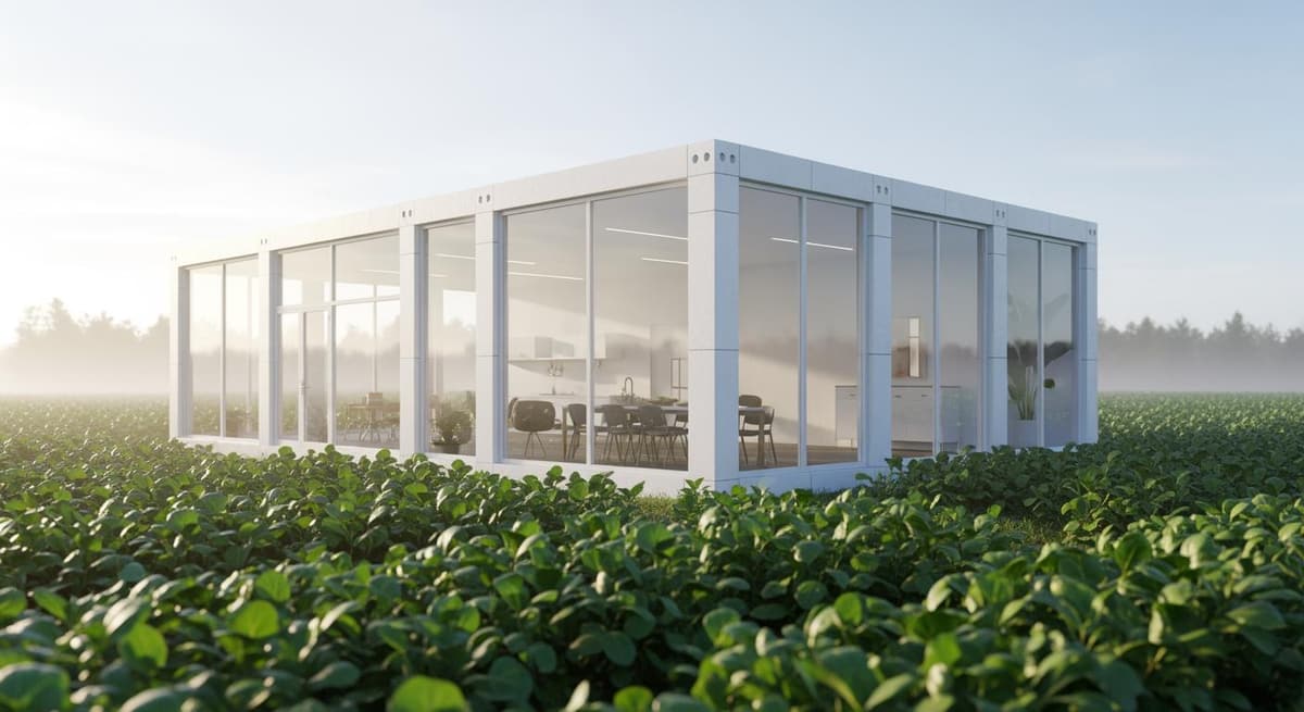 Mô hình nhà điều hành lắp ghép hiện đại giữa trang trại xanh mướt, thể hiện tính khả thi và thẩm mỹ cao.