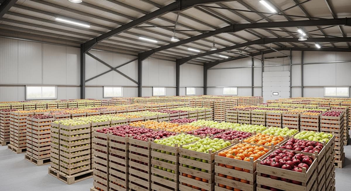 Bên trong kho nông sản lắp ghép hiện đại với hệ thống cách nhiệt tối ưu và sắp xếp khoa học.