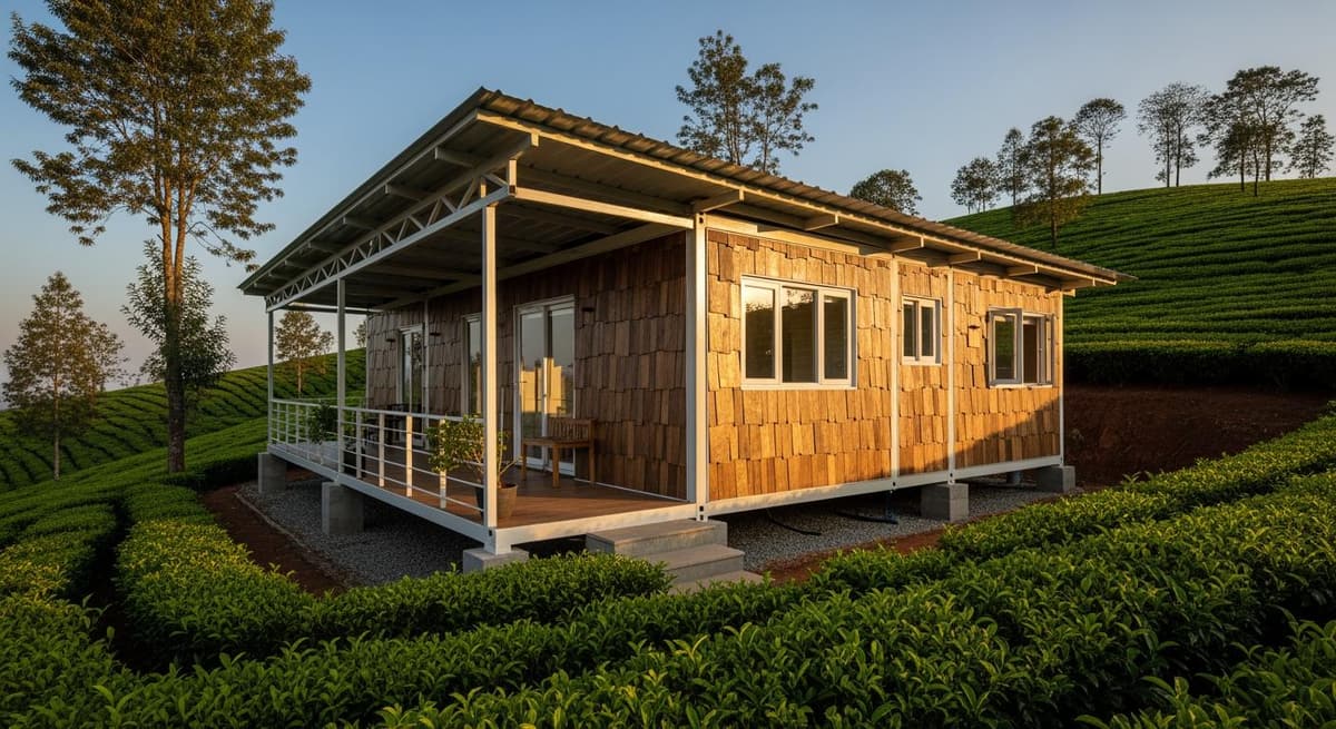 Nhà lắp ghép được xây dựng hài hòa với cảnh quan đất nông nghiệp, tuân thủ quy định xây dựng.