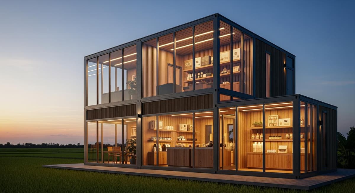 Mẫu thiết kế tích hợp văn phòng trang trại và không gian trưng bày nông sản OCOP sang trọng.