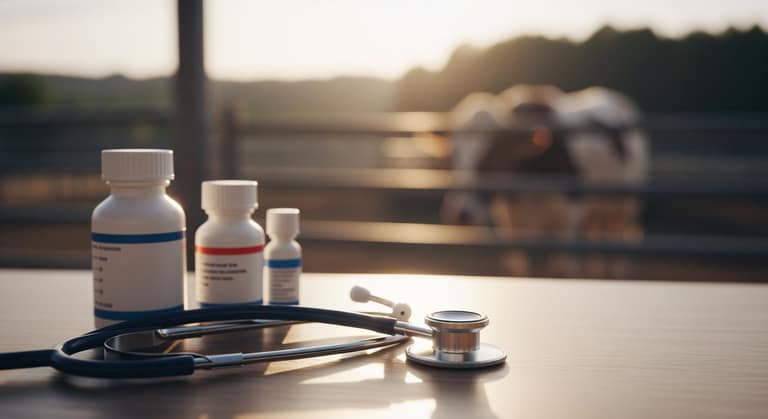 Ống nghe bác sĩ thú y và các lọ thuốc chuyên dụng đặt trong bối cảnh trang trại hiện đại sạch sẽ