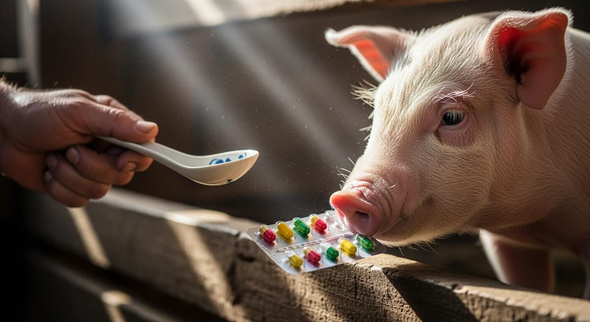 Cận cảnh một chú lợn tò mò nhìn vỉ thuốc giảm đau của người trong bối cảnh chuồng trại truyền thống.