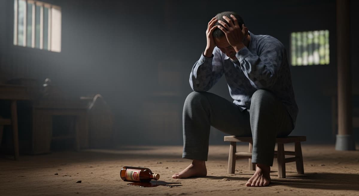 Người nông dân lo lắng ngồi trong chuồng trại tối màu, thể hiện sự hối hận sau khi vật nuôi gặp sự cố.