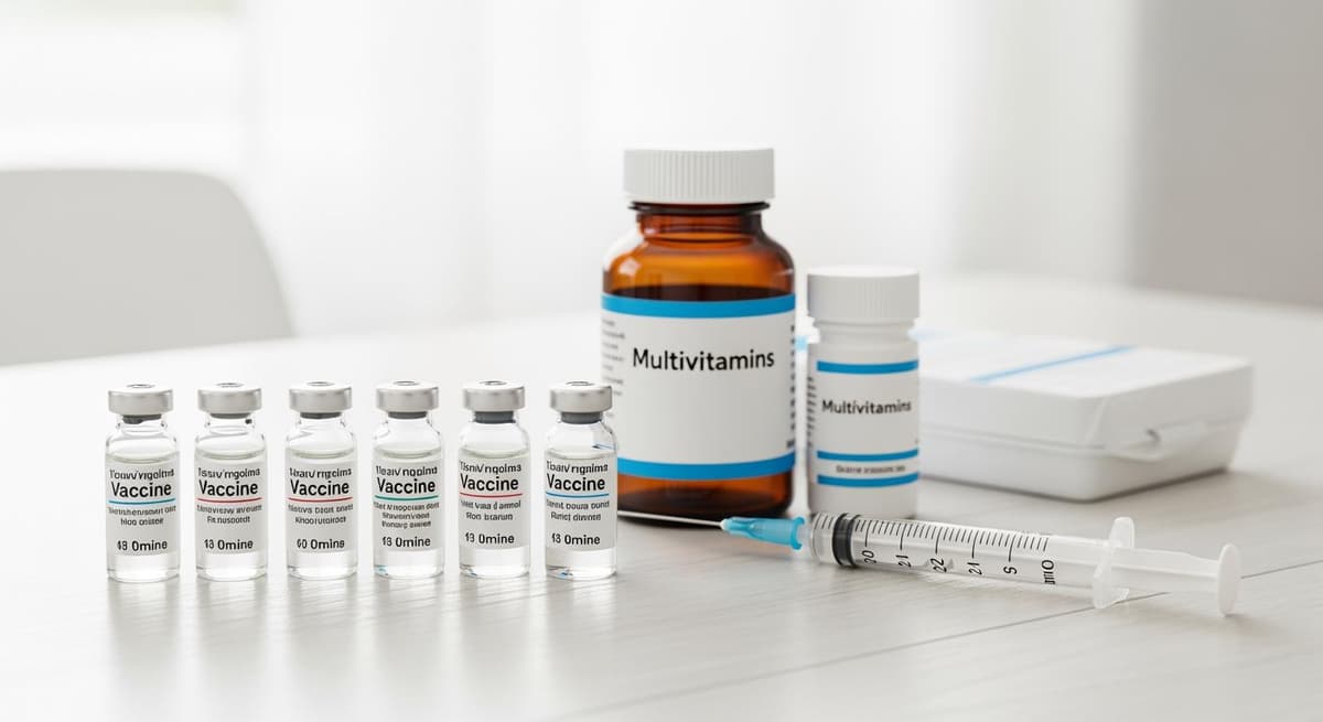 Bộ dụng cụ thú y chuẩn chỉnh với vaccine, vitamin và dụng cụ tiêm sạch sẽ trên nền gỗ sáng.