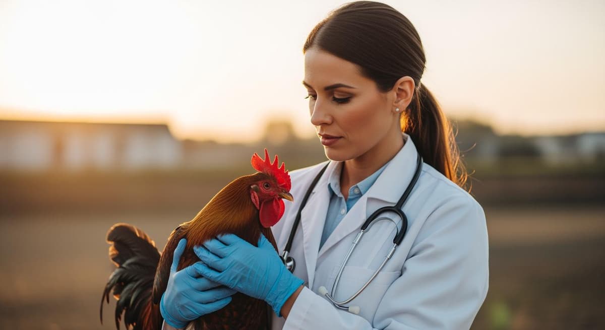 Bác sĩ thú y chuyên nghiệp đang thăm khám cho vật nuôi tại trang trại vào buổi chiều tà.