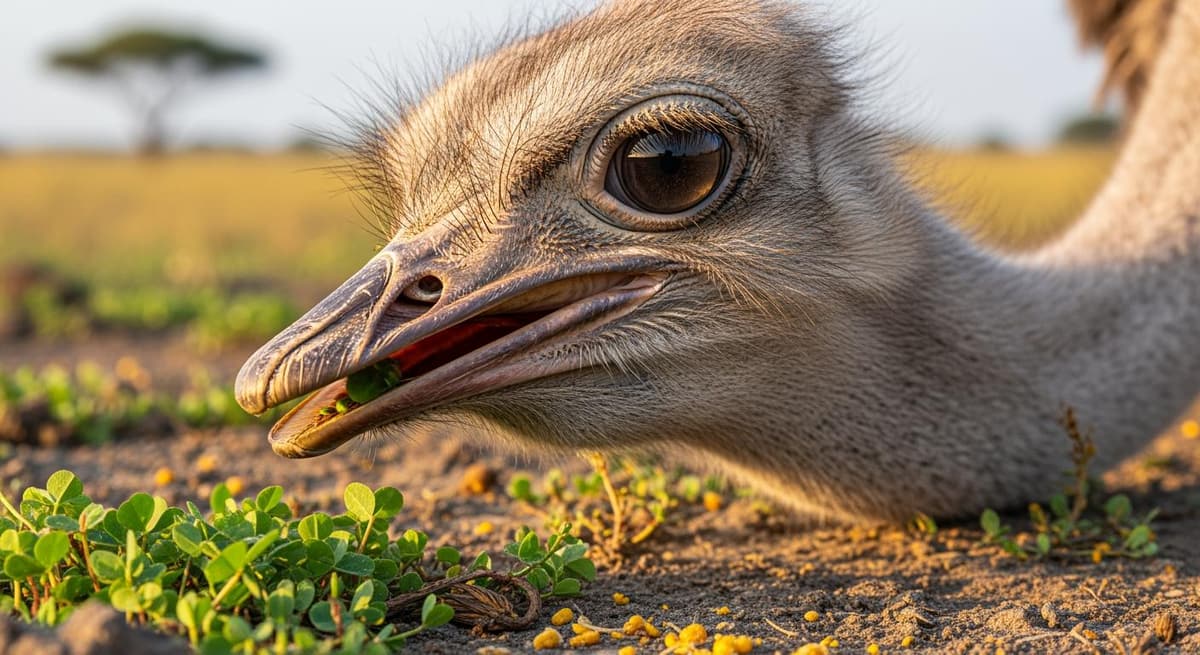 Cận cảnh đà điểu đang ăn các loại thực vật và hạt đa dạng