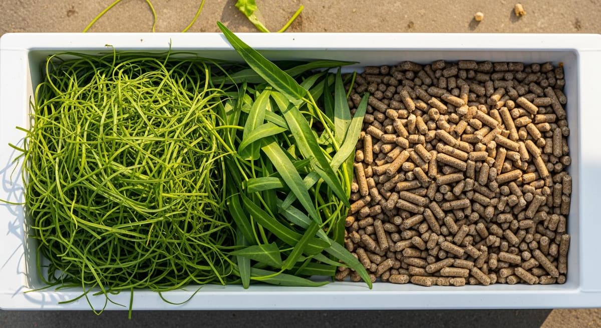 Hỗn hợp rau xanh và cám công nghiệp cho đà điểu trang trại