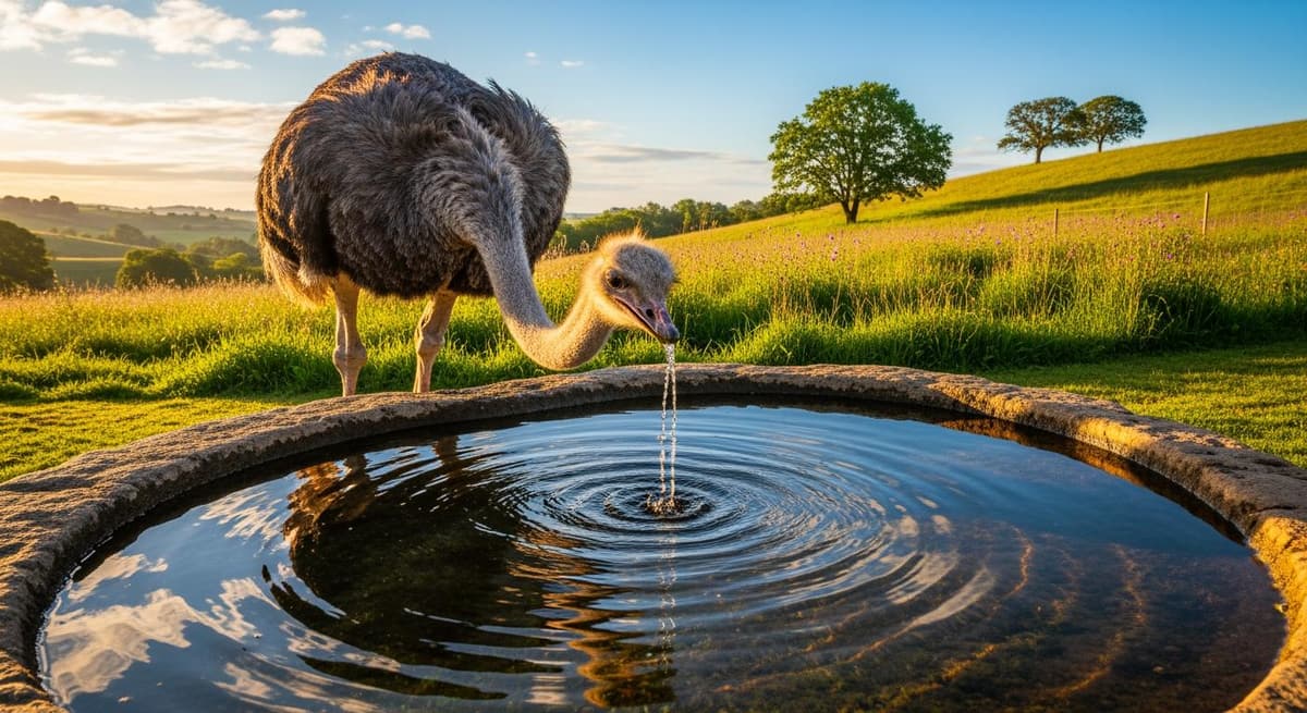 Đà điểu khỏe mạnh đang uống nước sạch tại trang trại