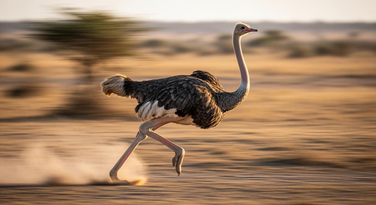 Đà điểu chạy nước rút với tốc độ tối đa trên thảo nguyên, sải bước dài đầy quyền năng.