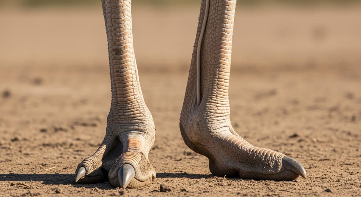 Cận cảnh cấu tạo đôi chân thép của đà điểu với hai ngón chân đặc trưng và lớp da vảy cực chắc.