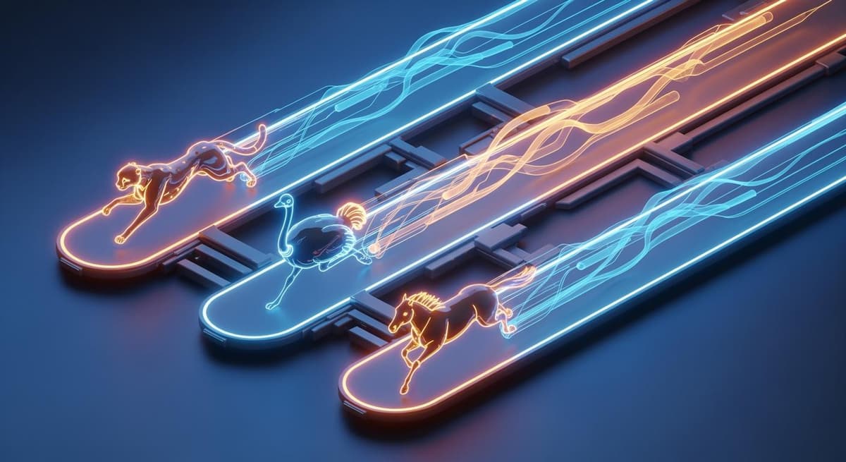 Minh họa 3D so sánh tốc độ giữa đà điểu, báo săn và ngựa đua trên đường chạy trừu tượng.