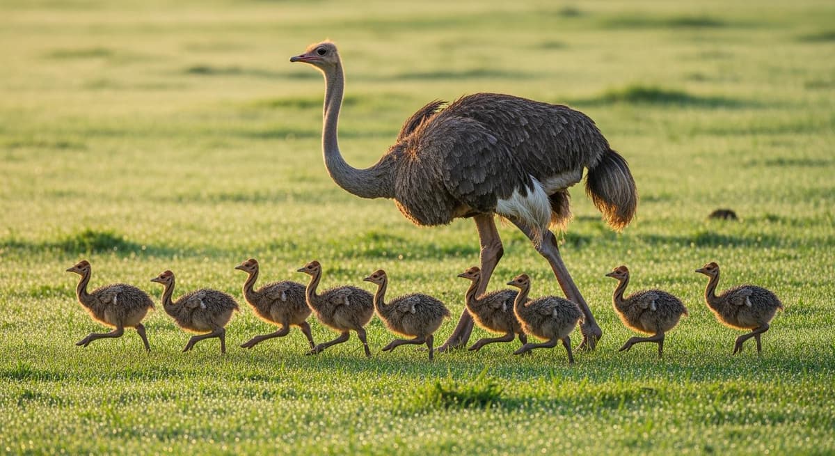 Đà điểu mẹ và đàn con nhỏ đang tập chạy trên đồng cỏ bao la.