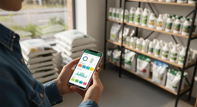 Chủ cửa hàng vật tư nông nghiệp sử dụng điện thoại thông minh để quản lý kho hàng và doanh thu qua phần mềm KiotViet