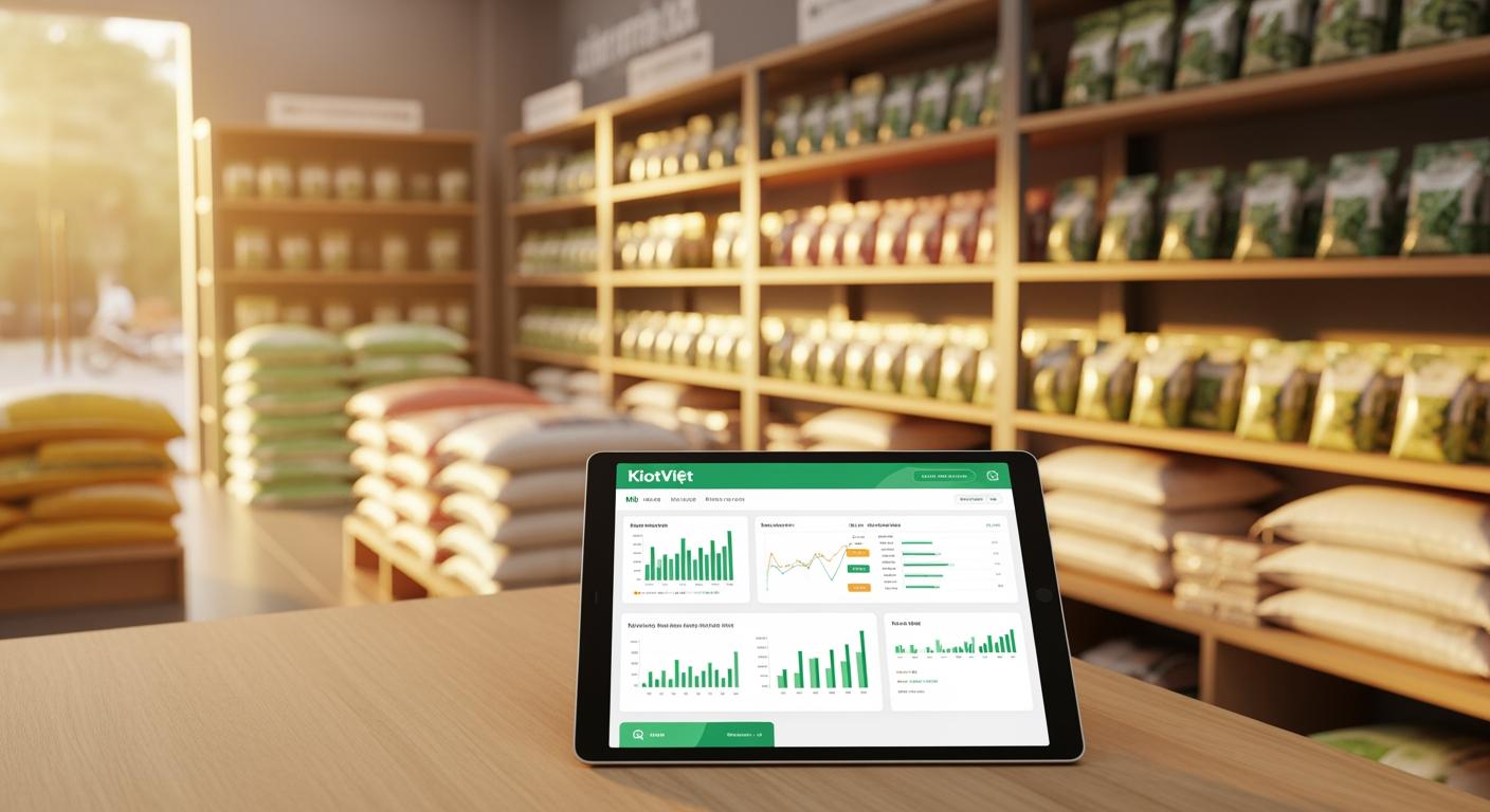 Tổng quan giao diện phần mềm KiotViet tại cửa hàng vật tư nông nghiệp hiện đại
