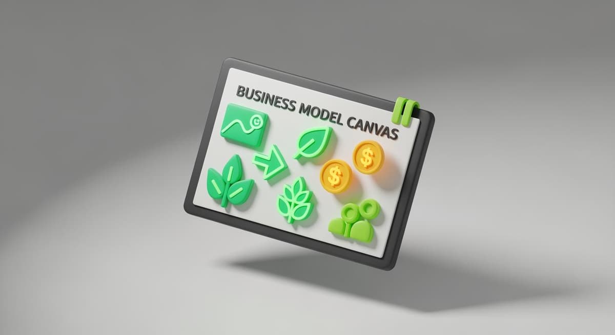 Minh họa mô hình Business Model Canvas tích hợp biểu tượng tín chỉ carbon và dòng tiền xanh.