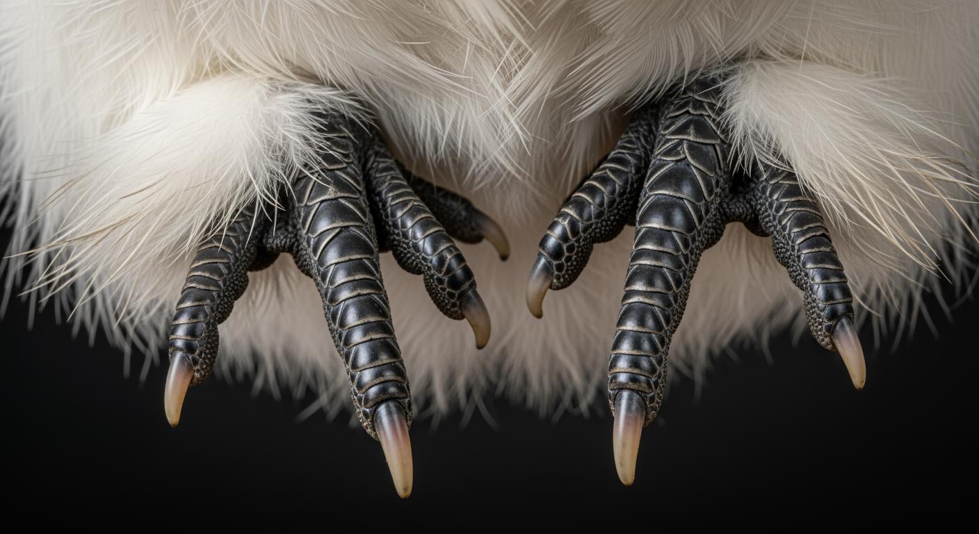 Cận cảnh đặc điểm ngũ trảo (5 ngón chân) và da đen đặc trưng của giống gà Ác thuần chủng