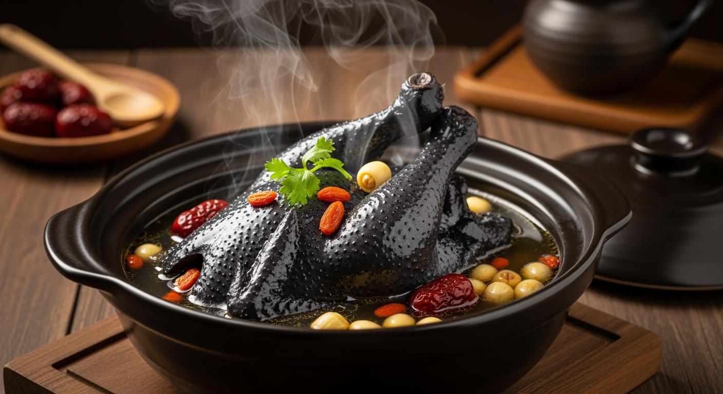 Món gà Ác hầm thuốc bắc bổ dưỡng, minh họa cho giá trị thương phẩm cao của giống gà đen