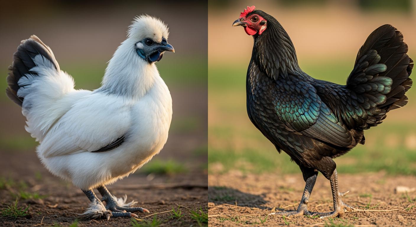 So sánh trực quan gà Ác lông trắng da đen và gà H'mông đen tuyền trong môi trường trang trại
