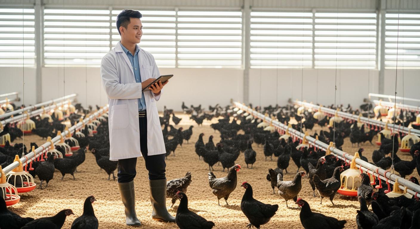 Thanh niên khởi nghiệp kiểm tra chất lượng đàn gà đen trong trang trại hiện đại