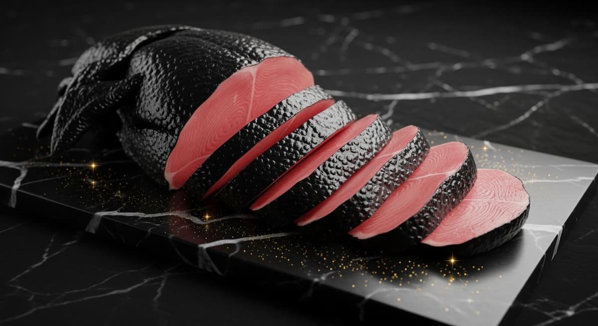 Phân tích cấu trúc thịt gà ác đen tuyền giàu dinh dưỡng trên nền đá sang trọng